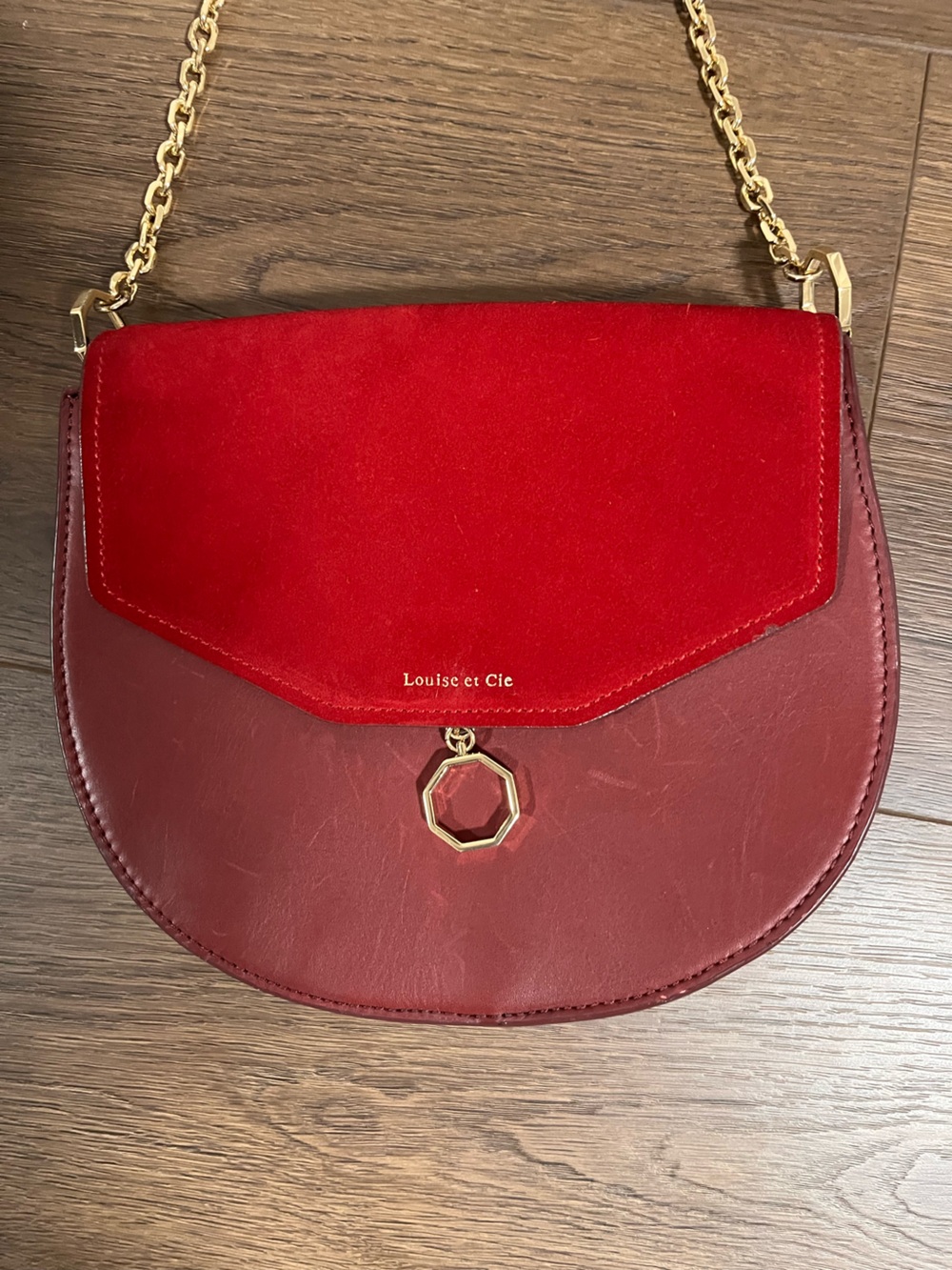 Louise et Cie Red Two-Tone Suede & Leather Crossbody with Gold Chain - Picture 2 of 7